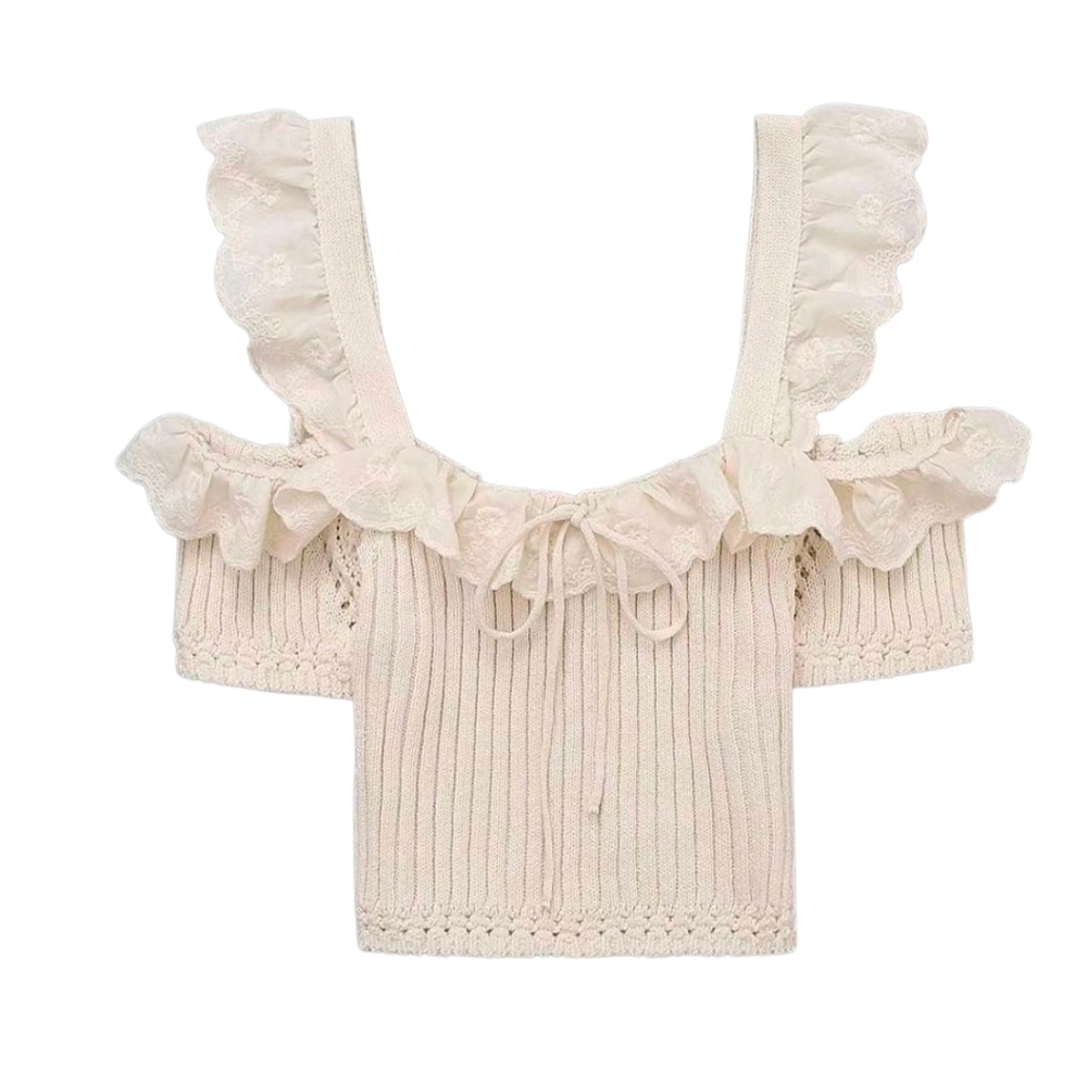 NWT ZARA Woman Combination Crop Top Ruffle Lace Detail White Ecru 3991/101 Sz M